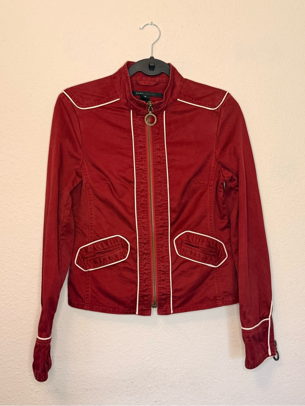 Marc Jacobs Y2K Deep Red Zip-Front Cotton Jacket with White Piping